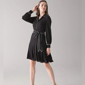 White House Black Market Black Tie-Waist Godet Dress with Contrast Piping